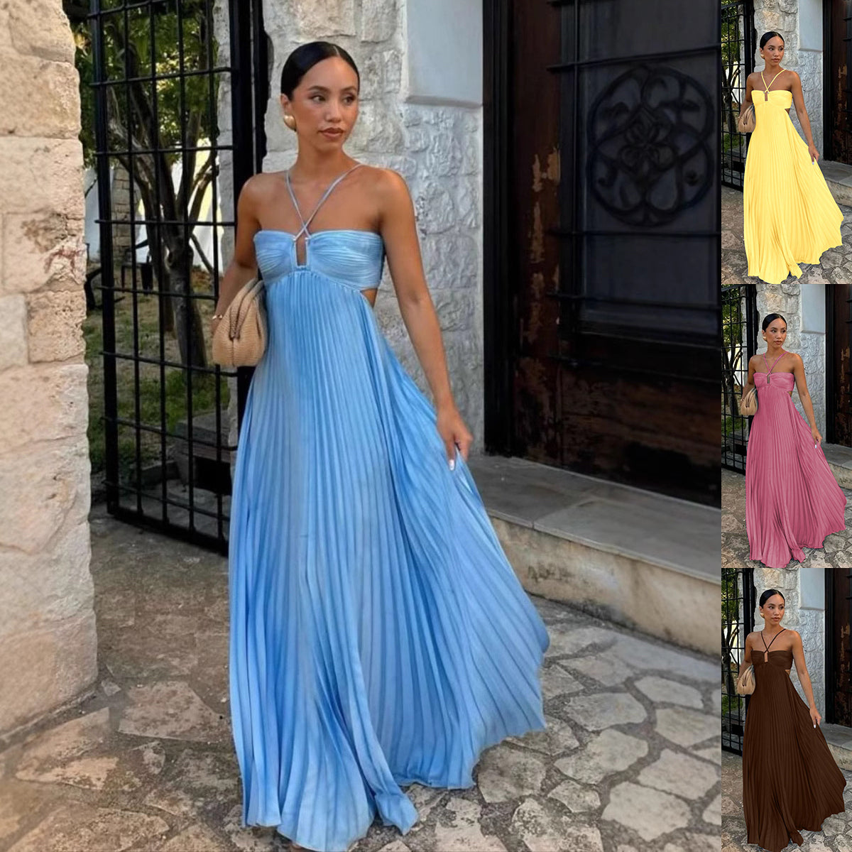 AuroraPleat Halter Maxi Dress – Backless Pleated Evening Gown