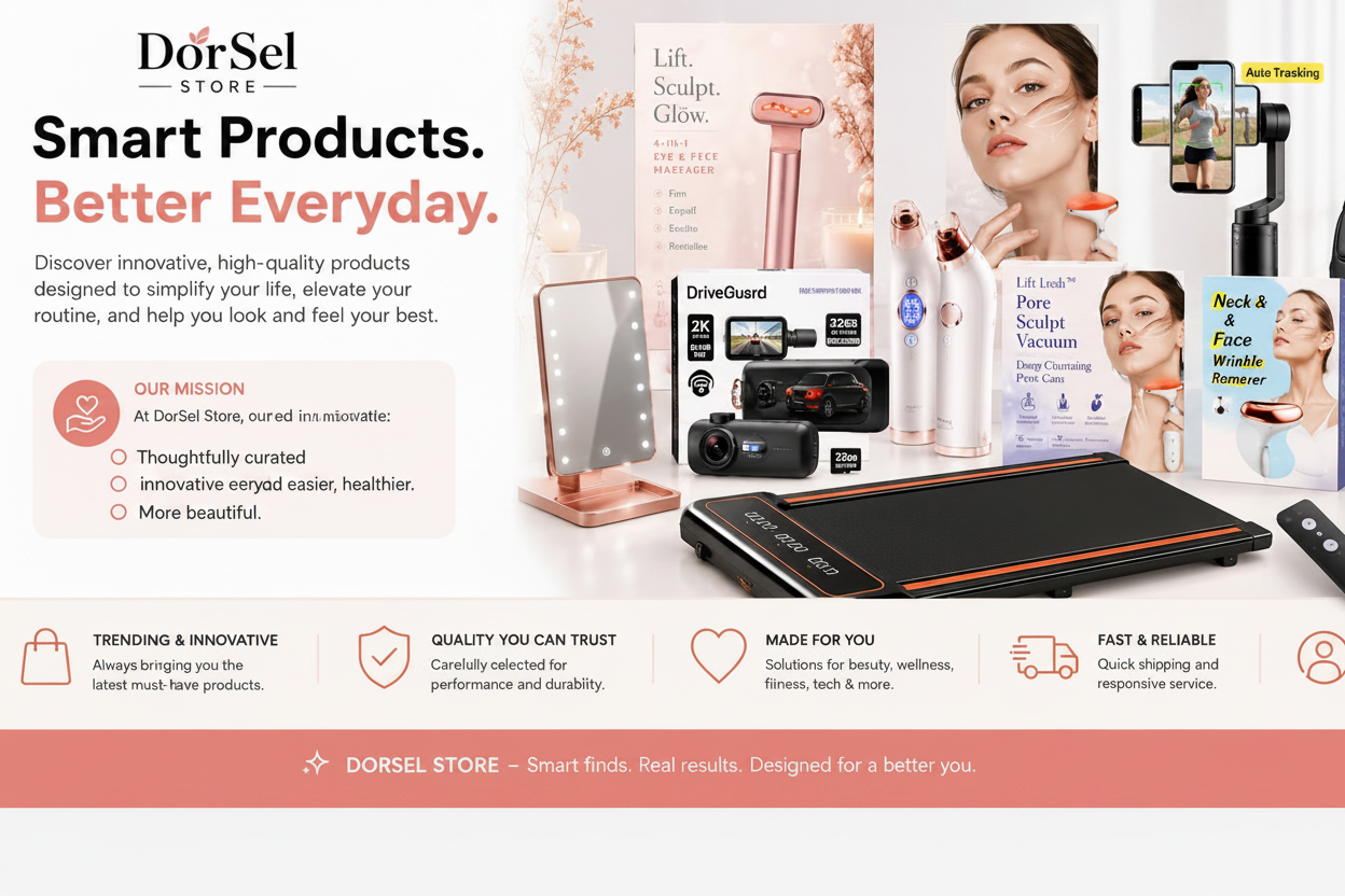 Promotional banner for DorSel Store featuring various smart products with text about their benefits.