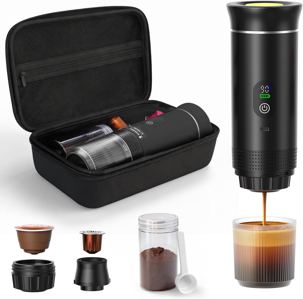 DS PULSE 4-in-1 Portable Espresso Maker - K-Cup, Nespresso Original, Dolce Gusto & Ground Coffee Compatible - Travel Case & Stand Included