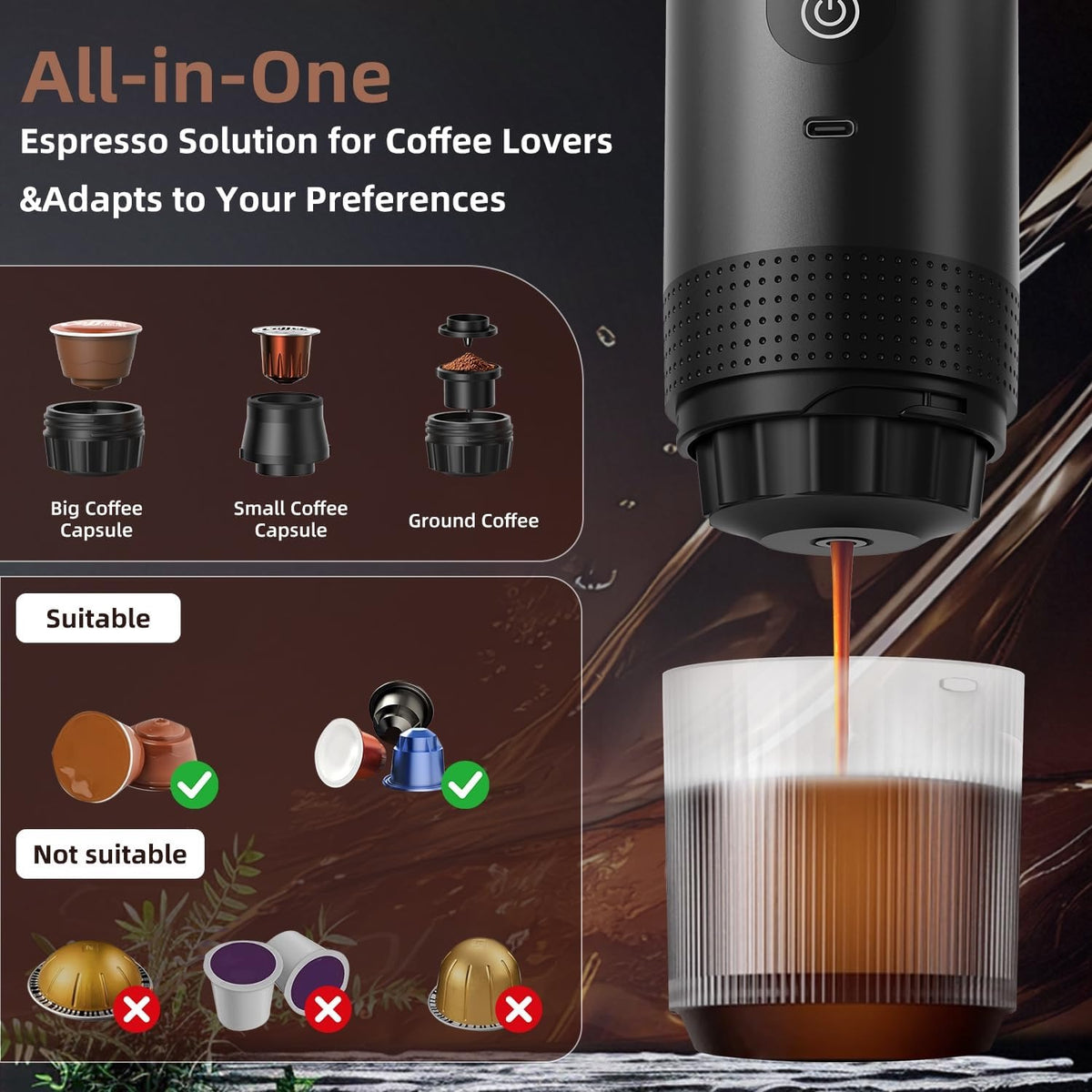 DS PULSE 4-in-1 Portable Espresso Maker - K-Cup, Nespresso Original, Dolce Gusto & Ground Coffee Compatible - Travel Case & Stand Included