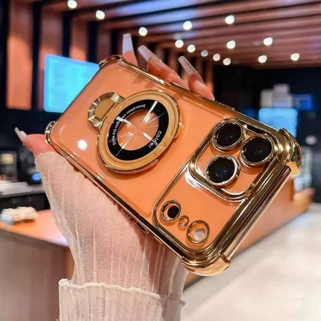 RINGSTAND Magnetic Clear Phone Case for iPhone 18 Pro & Pro Max - Fold-Out Metal Stand, Electroplated Accents, Reinforced Corners, Shock-Resistant Construction