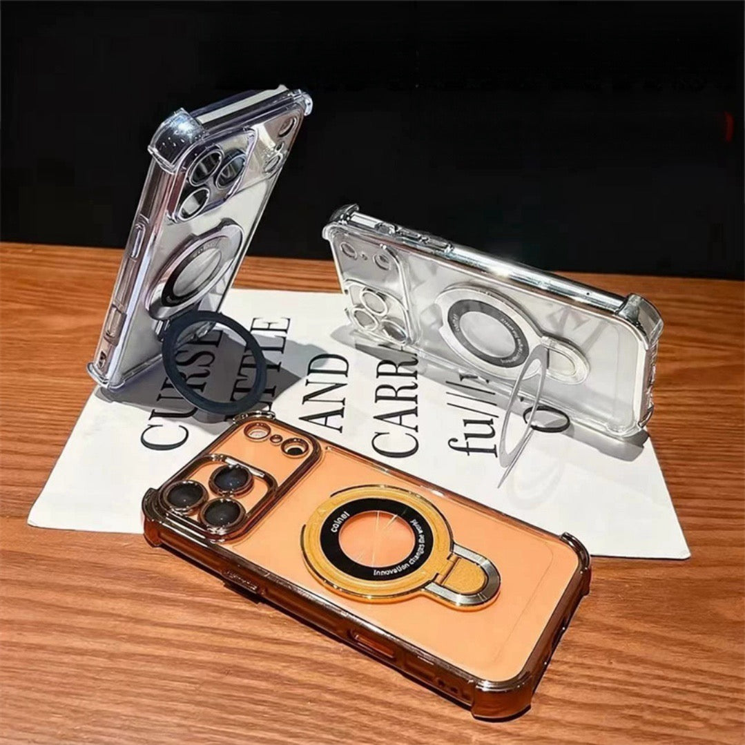 RINGSTAND Magnetic Clear Phone Case for iPhone 18 Pro & Pro Max - Fold-Out Metal Stand, Electroplated Accents, Reinforced Corners, Shock-Resistant Construction