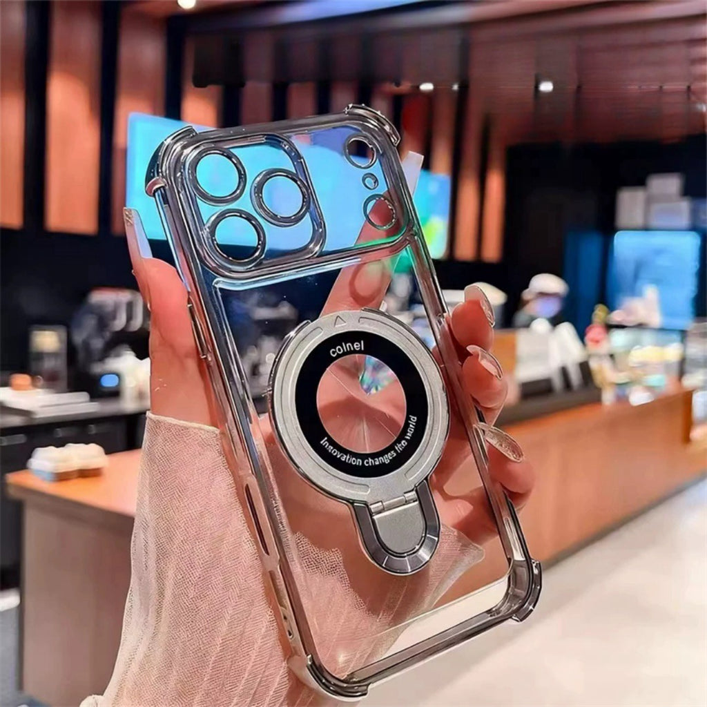 RINGSTAND Magnetic Clear Phone Case for iPhone 18 Pro & Pro Max - Fold-Out Metal Stand, Electroplated Accents, Reinforced Corners, Shock-Resistant Construction