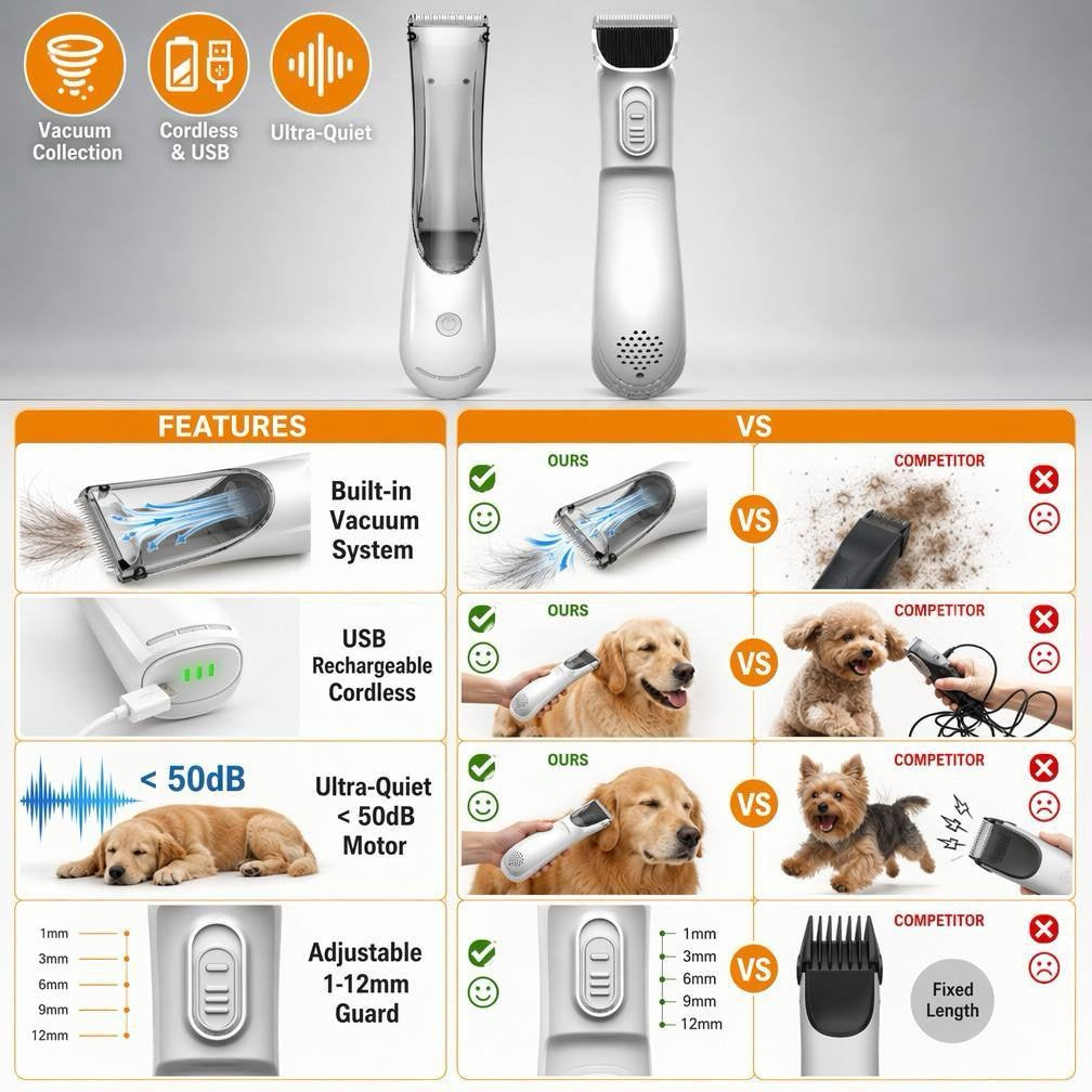 DS GROOM AIR Pet Grooming Vacuum Trimmer for Dogs & Cats – Cordless Rechargeable Hair Clippers, 3 Speeds, Hair Suction, Full Body & Paw Trimmer