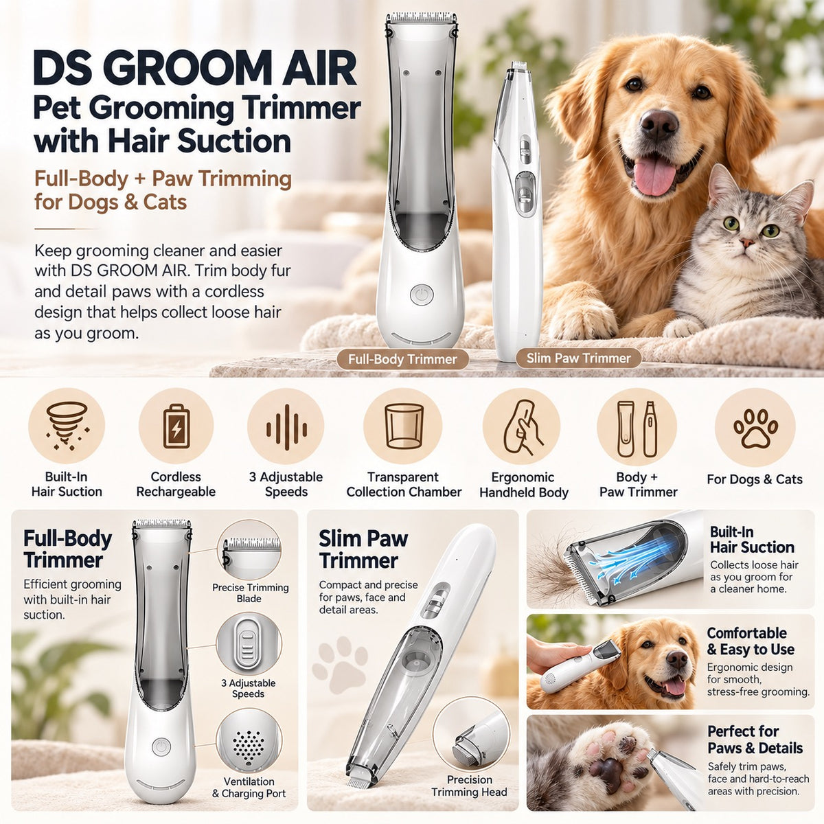 DS GROOM AIR Pet Grooming Vacuum Trimmer for Dogs & Cats – Cordless Rechargeable Hair Clippers, 3 Speeds, Hair Suction, Full Body & Paw Trimmer