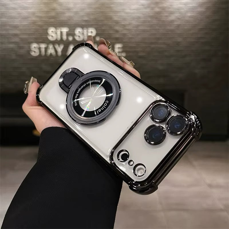 RINGSTAND Magnetic Clear Phone Case for iPhone 18 Pro & Pro Max - Fold-Out Metal Stand, Electroplated Accents, Reinforced Corners, Shock-Resistant Construction