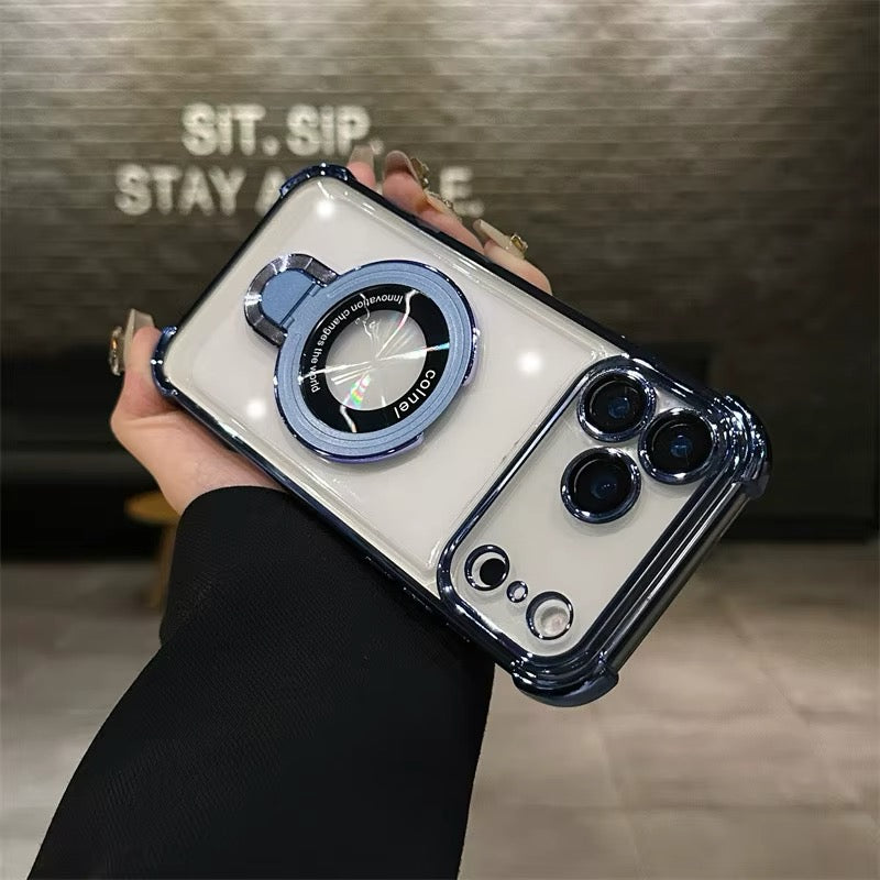 RINGSTAND Magnetic Clear Phone Case for iPhone 18 Pro & Pro Max - Fold-Out Metal Stand, Electroplated Accents, Reinforced Corners, Shock-Resistant Construction