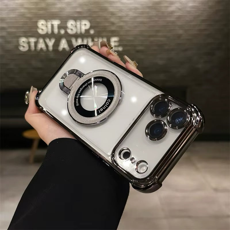 RINGSTAND Magnetic Clear Phone Case for iPhone 18 Pro & Pro Max - Fold-Out Metal Stand, Electroplated Accents, Reinforced Corners, Shock-Resistant Construction